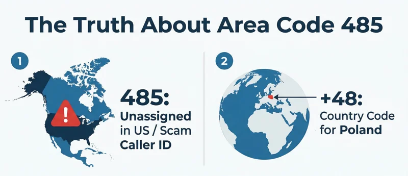 Infographic explaining that area code 485 is unassigned in the US and often used for scam calls, while +485 indicates an international call from Poland.