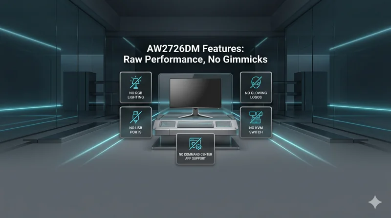 Infographic explaining what features were removed from the Alienware AW2726DM to achieve its budget price, specifically noting the lack of RGB lighting, USB ports, KVM switch, and Command Center software support.