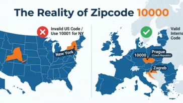 Infographic comparing the invalid USPS zip code 10000 in New York with its valid international use as a postal code in Prague and Zagreb.