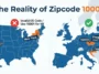 Infographic comparing the invalid USPS zip code 10000 in New York with its valid international use as a postal code in Prague and Zagreb.