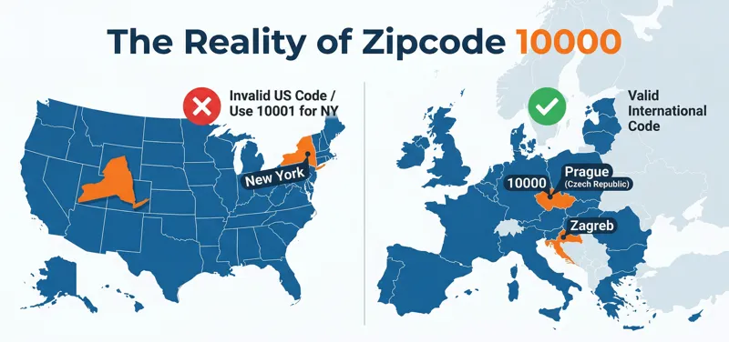 Infographic comparing the invalid USPS zip code 10000 in New York with its valid international use as a postal code in Prague and Zagreb.