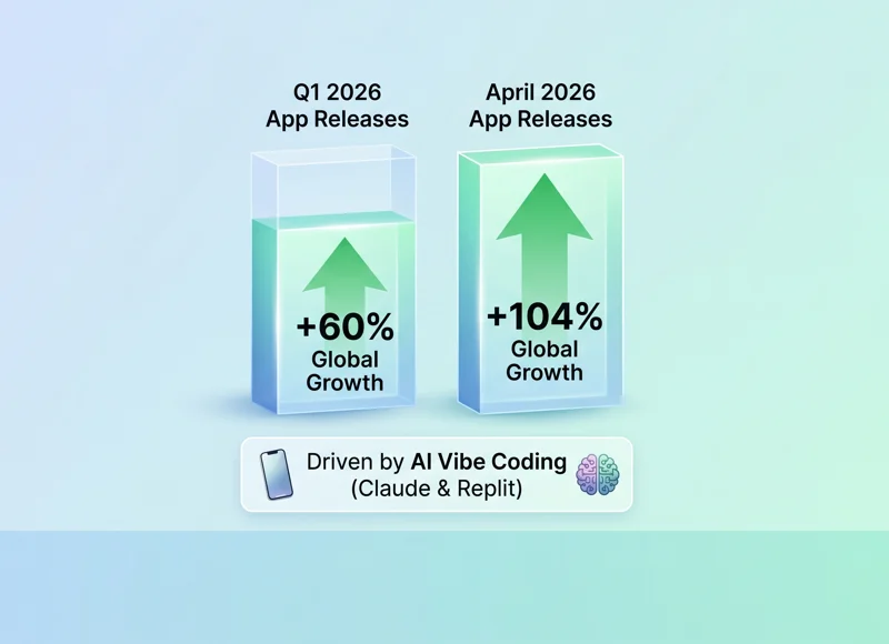 A bar chart infographic showing the 2026 App Store growth, featuring a 60 percent global increase in Q1 and a 104 percent increase in April, driven by AI vibe coding tools like Claude and Replit.