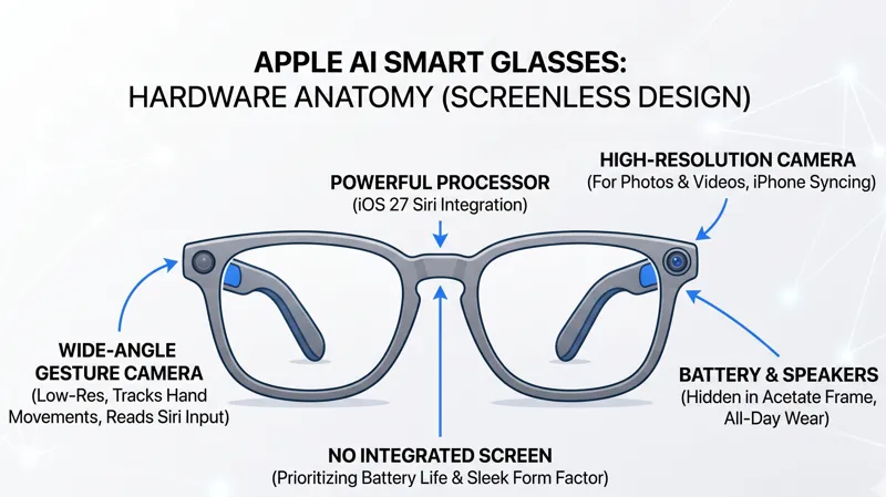 Infographic showing the hardware anatomy of Apple's screenless AI smart glasses, featuring a high-resolution camera, wide-angle gesture camera, and hidden battery in an acetate frame.