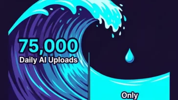 Infographic showing Deezer AI music daily uploads reaching 75,000 tracks, representing 44 percent of total new tracks, but only 1 to 3 percent of actual streams.