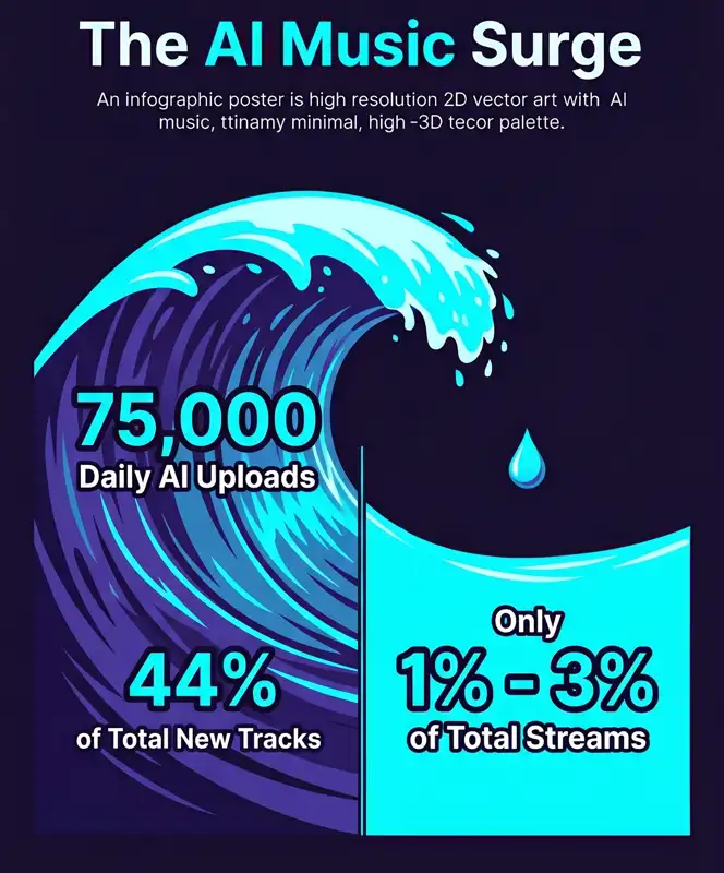 Infographic showing Deezer AI music daily uploads reaching 75,000 tracks, representing 44 percent of total new tracks, but only 1 to 3 percent of actual streams.