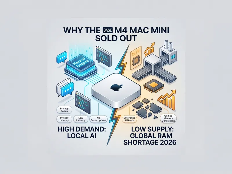 An infographic explaining why the base M4 Mac mini sold out from the Apple online store, highlighting high local AI computing demand and the 2026 global RAM shortage.
