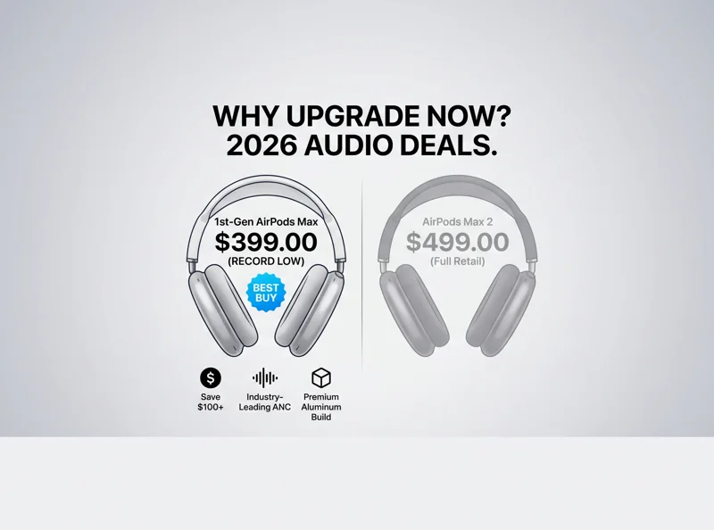 An infographic comparing the price of the 1st-Gen AirPods Max at a record low of 399 dollars against the full retail price of the new AirPods Max 2.