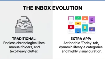 Infographic comparing a cluttered, text-heavy traditional email inbox with the organized, highly visual card-based interface of the new Extra app.