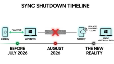 Infographic illustrating the July 2026 timeline for the end of synchronization between Samsung Notes and Microsoft OneNote, showing the transition from full cross-platform sync to isolated data.