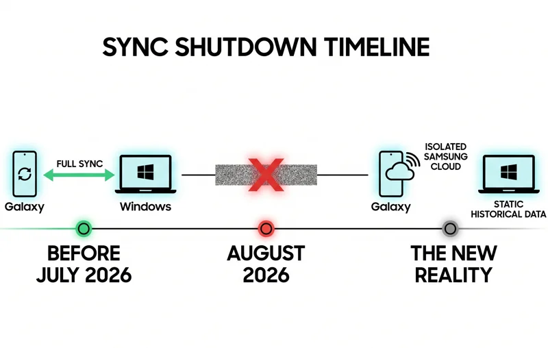 Infographic illustrating the July 2026 timeline for the end of synchronization between Samsung Notes and Microsoft OneNote, showing the transition from full cross-platform sync to isolated data.
