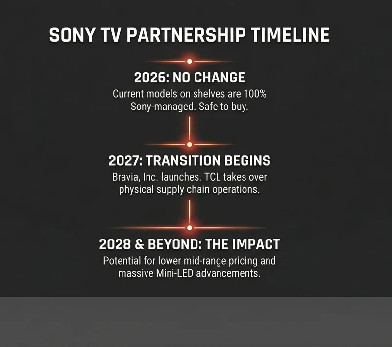 Timeline infographic explaining that 2026 Sony TVs are entirely unchanged, the Bravia Inc transition officially begins in 2027, and potential price drops or Mini-LED shifts will arrive in 2028.