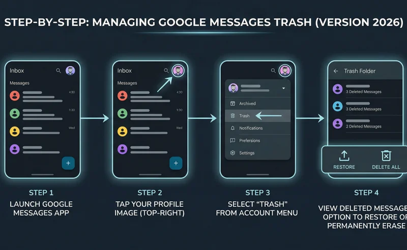 Step-by-step flowchart infographic demonstrating how to access the Google Messages trash folder from the profile menu, and how to either restore or permanently delete text messages.