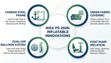 Infographic detailing the design innovations of the IKEA PS 2026 inflatable chair, including its carbon steel frame, dual-air balloon system, green fabric cover, and foot pump setup.