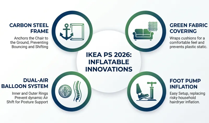 Infographic detailing the design innovations of the IKEA PS 2026 inflatable chair, including its carbon steel frame, dual-air balloon system, green fabric cover, and foot pump setup.