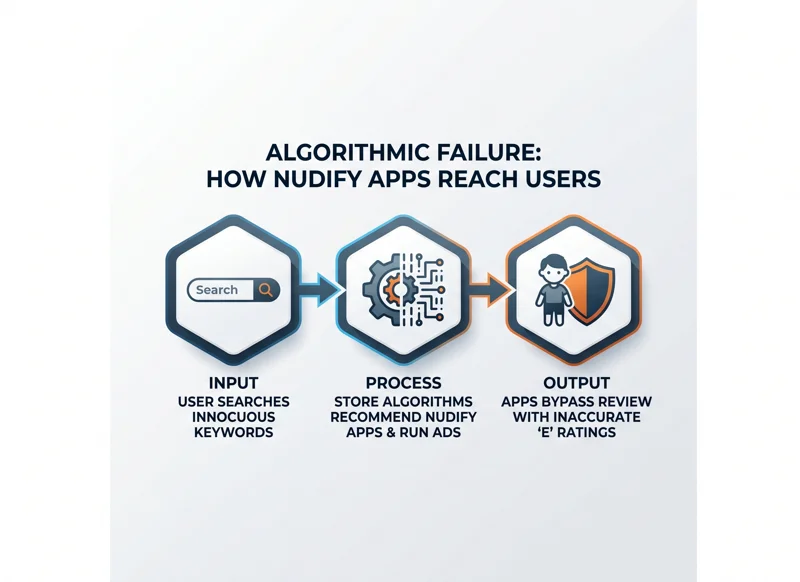 Flowchart infographic showing how app store algorithms fail, leading users from innocuous searches to malicious nudify apps rated E for Everyone.