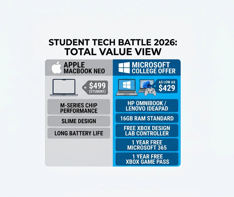 Comparison infographic showing the $499 Apple MacBook Neo against the Microsoft College Offer featuring budget Windows laptops and free gaming bundles.
