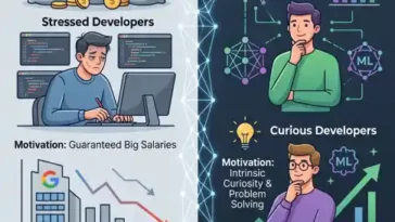Infographic comparing the declining value of studying computer science purely for high tech industry salaries at companies like Google versus the rising demand for engineers driven by genuine passion, systems thinking, and machine learning fundamentals.