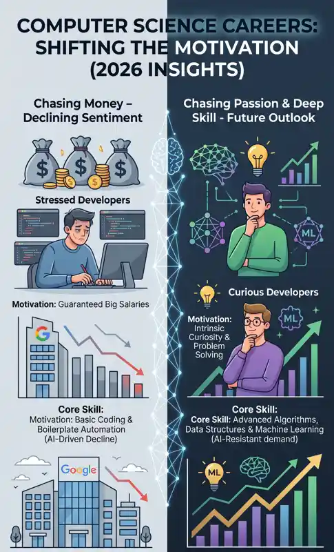 Infographic comparing the declining value of studying computer science purely for high tech industry salaries at companies like Google versus the rising demand for engineers driven by genuine passion, systems thinking, and machine learning fundamentals.