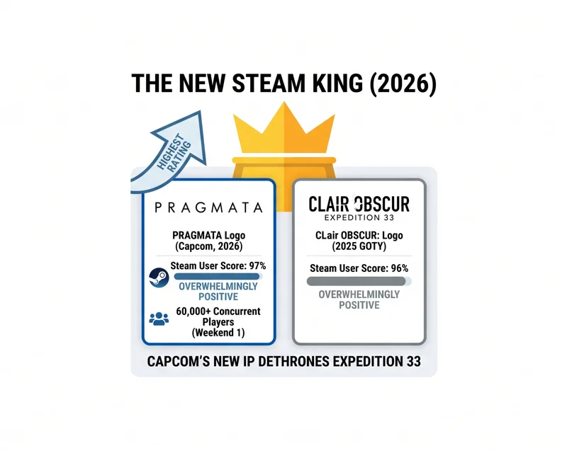 An infographic comparing Steam user scores, showing Capcom's Pragmata taking the lead with a 97 percent Overwhelmingly Positive rating against the 96 percent score of the 2025 GOTY Clair Obscur: Expedition 33.