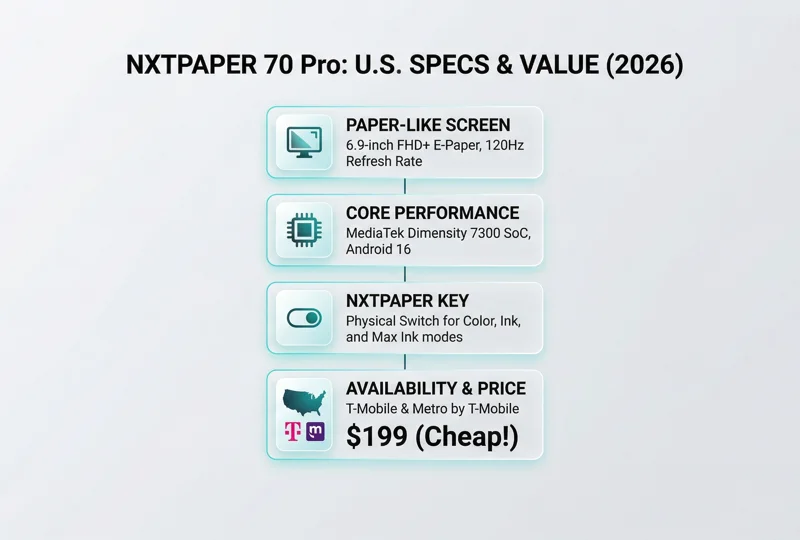 Infographic detailing the TCL NXTPAPER 70 Pro specifications, including the 6.9-inch 120Hz e-paper display, physical toggle switch, MediaTek processor, and $199 price at T-Mobile.