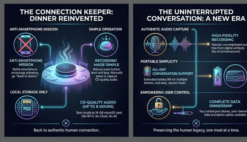 Infographic detailing the Prego Connection Keeper, a screen-free dinner recording device featuring manual push-button operation, local microSD storage, and zero AI or Wi-Fi connectivity.