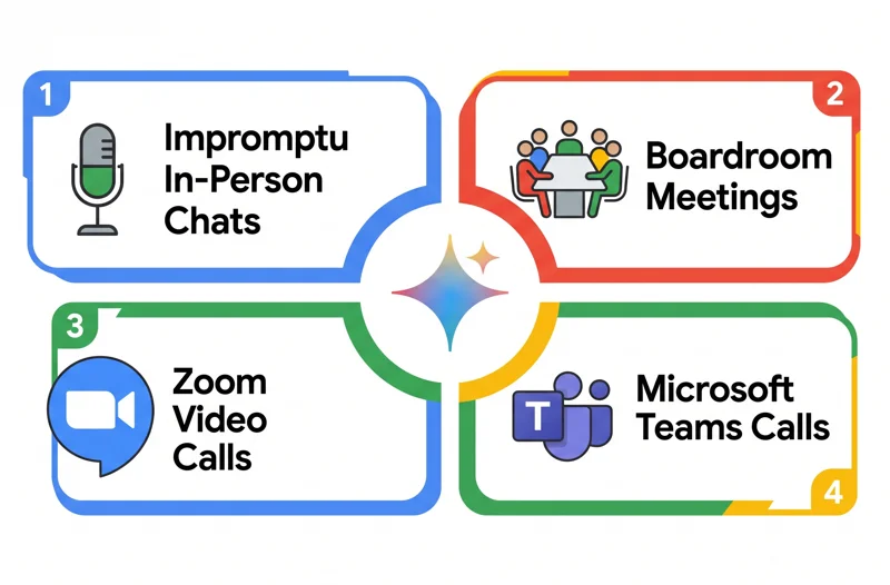 An infographic showing the Google Meet AI notetaker working across in-person meetings, boardroom sessions, Zoom video calls, and Microsoft Teams.
