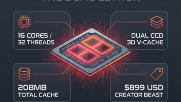 Infographic detailing the AMD Ryzen 9 9950X3D2 Dual Edition processor specifications, featuring 16 cores, 32 threads, and a massive 208MB total cache with dual CCD 3D V-Cache technology.
