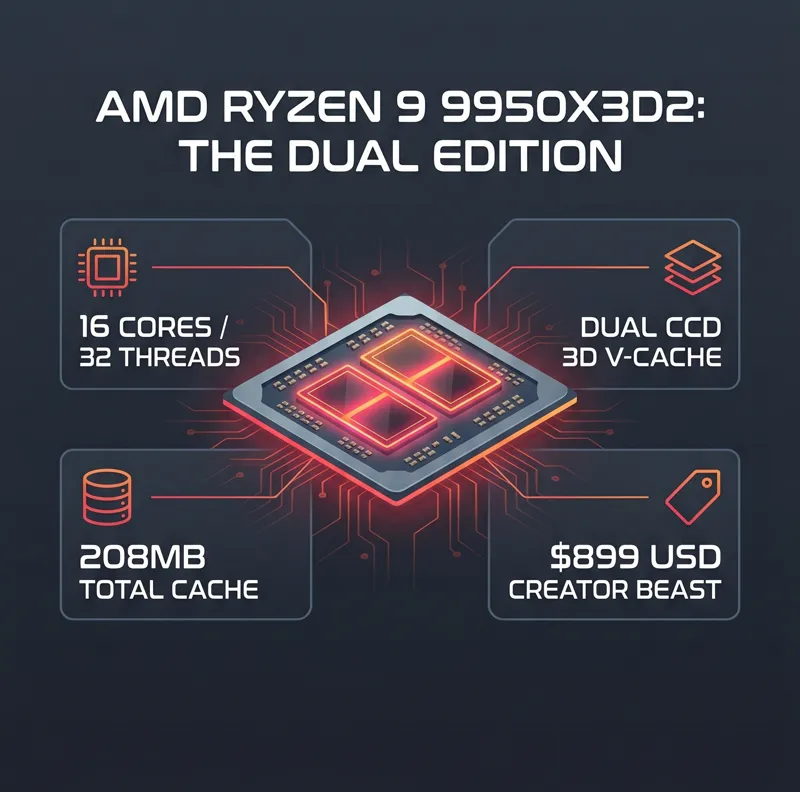 Infographic detailing the AMD Ryzen 9 9950X3D2 Dual Edition processor specifications, featuring 16 cores, 32 threads, and a massive 208MB total cache with dual CCD 3D V-Cache technology.