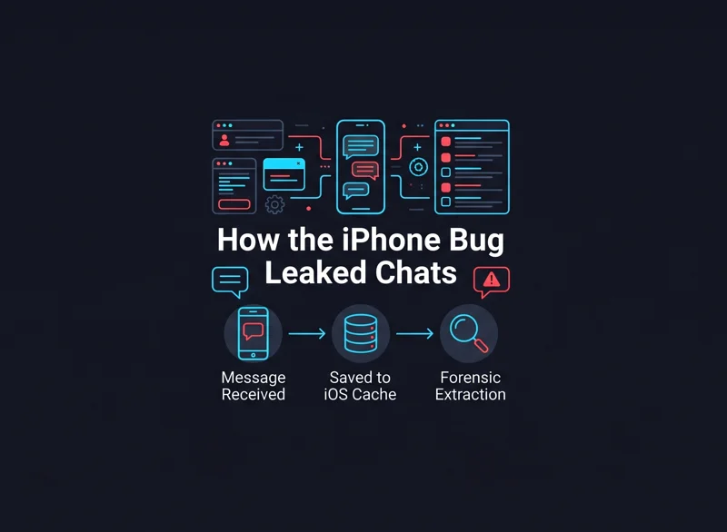 An infographic illustrating how the iOS notification cache bug allowed law enforcement and forensic tools to extract deleted chat messages from iPhones.