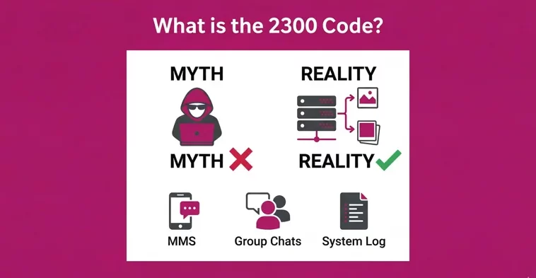 Infographic explaining that the 2300 T-Mobile text code is an internal system log for MMS and group chats, not a scam or hacker.