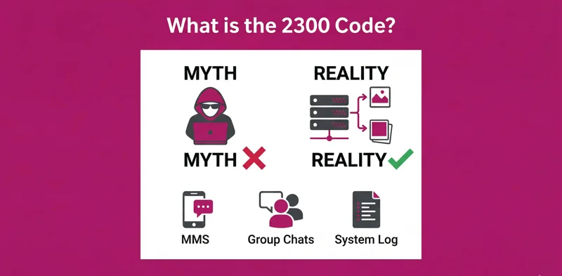 Infographic explaining that the 2300 T-Mobile text code is an internal system log for MMS and group chats, not a scam or hacker.