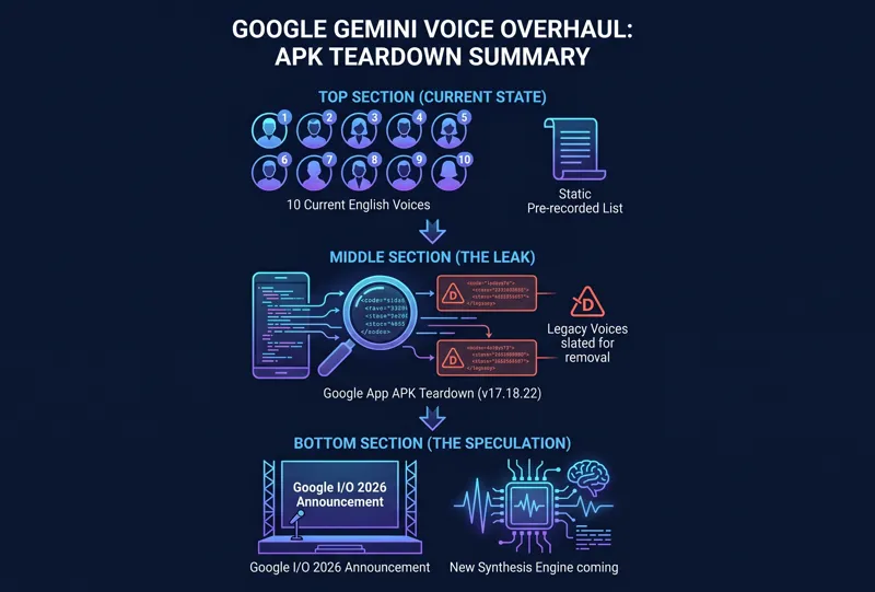 Infographic summarizing the recent Google app APK teardown, showing the transition from Gemini's 10 current static voices to the newly discovered deprecation code strings ahead of Google I/O 2026.