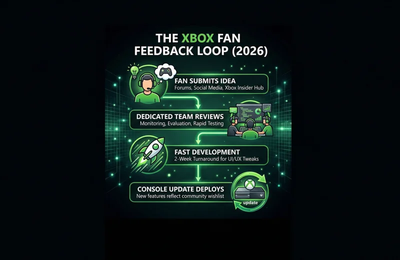 Flowchart infographic showing the 2026 Xbox fan feedback loop, from community idea submission to fast development and console updates.