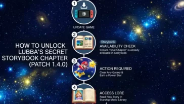 A step-by-step flowchart infographic explaining how to unlock the new Lubba storybook chapter in Super Mario Galaxy 2 by clearing a galaxy and earning a Power Star after downloading the 1.4.0 patch.