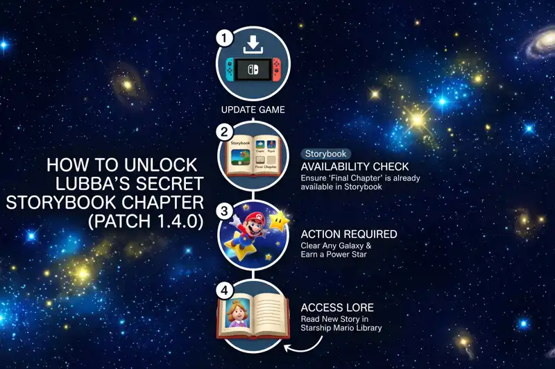 A step-by-step flowchart infographic explaining how to unlock the new Lubba storybook chapter in Super Mario Galaxy 2 by clearing a galaxy and earning a Power Star after downloading the 1.4.0 patch.
