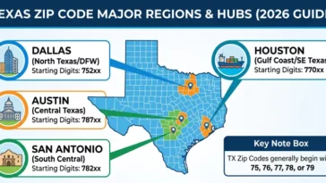 Infographic map illustrating major TX ZIP code regions, showing the starting digits for Dallas, Houston, Austin, and San Antonio.