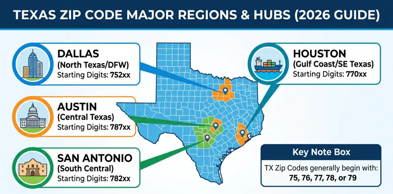 Infographic map illustrating major TX ZIP code regions, showing the starting digits for Dallas, Houston, Austin, and San Antonio.