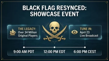 Infographic showing the global viewing times for the Assassin's Creed Black Flag Resynced showcase on April 23, while highlighting the original game's 34 million player legacy.