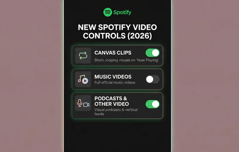 Infographic showing the new 2026 Spotify display settings to disable Canvas clips, music videos, and video podcasts.
