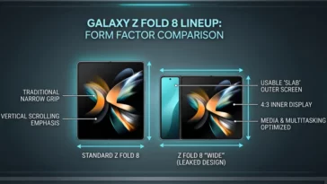 A side-by-side comparison infographic showing the tall and narrow standard Samsung Galaxy Z Fold 8 next to the shorter, broader Galaxy Z Fold 8 Wide featuring a 4:3 inner display.