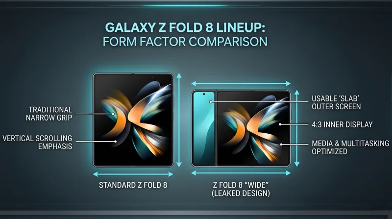 A side-by-side comparison infographic showing the tall and narrow standard Samsung Galaxy Z Fold 8 next to the shorter, broader Galaxy Z Fold 8 Wide featuring a 4:3 inner display.
