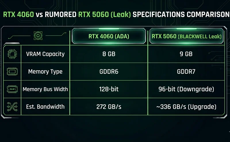 An infographic explaining the performance impact of the NVIDIA RTX 5060, showing how the data bottleneck of a 96-bit bus downgrade is offset by the increased bandwidth of faster GDDR7 memory.