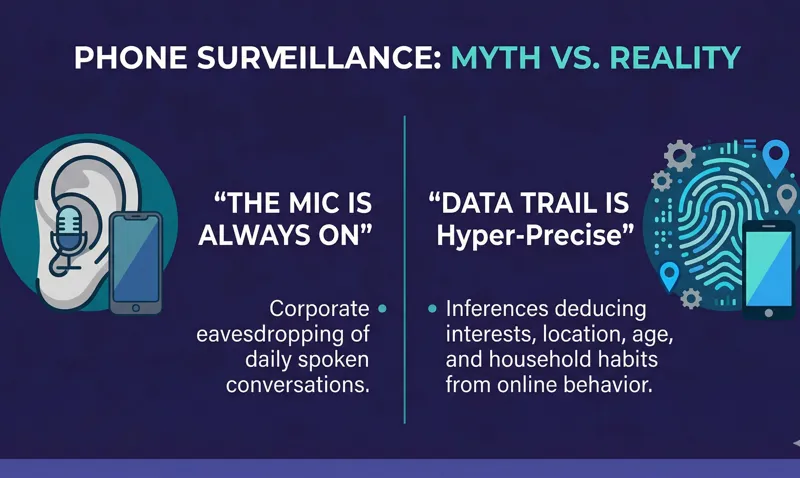 Infographic comparing the myth that smartphones secretly record audio conversations against the reality of how targeted advertising algorithms actually use digital data trails to predict consumer behavior.