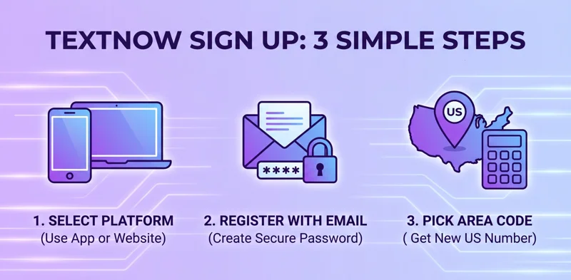 A three-step infographic showing the TextNow sign up process: selecting a platform, registering with an email address, and picking a US area code.