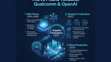 Infographic showing the timeline of the reported Qualcomm and OpenAI AI phone project, detailing R&D from 2024 to 2026, supplier finalization in 2027, and targeted mass production in 2028.