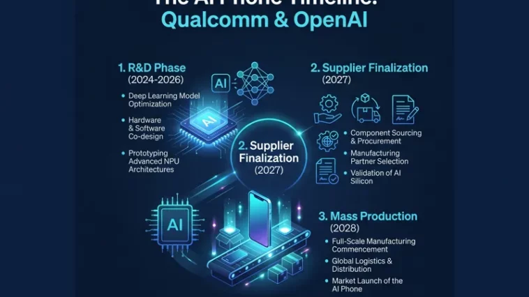 Infographic showing the timeline of the reported Qualcomm and OpenAI AI phone project, detailing R&D from 2024 to 2026, supplier finalization in 2027, and targeted mass production in 2028.
