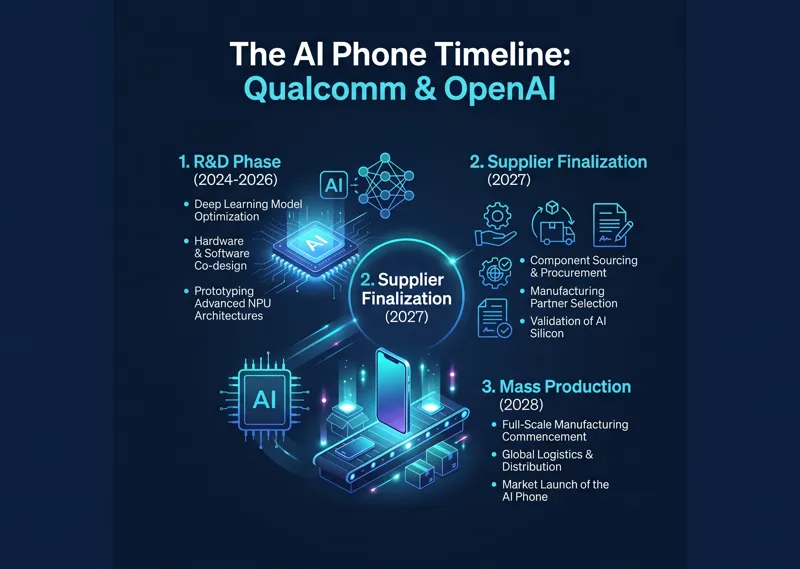 Infographic showing the timeline of the reported Qualcomm and OpenAI AI phone project, detailing R&D from 2024 to 2026, supplier finalization in 2027, and targeted mass production in 2028.