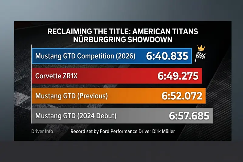 A horizontal bar chart infographic comparing Nürburgring lap times, showing the 2026 Mustang GTD Competition in first place with a record time of 6:40.835, defeating the Corvette ZR1X and previous Mustang GTD models.