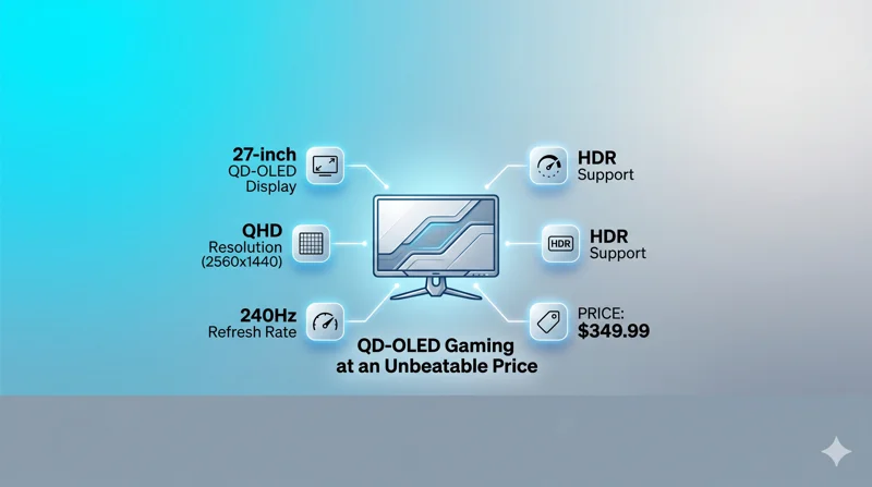 Infographic detailing the premium specifications of the Alienware AW2726DM, featuring a 27-inch 1440p QD-OLED panel, 240Hz refresh rate, and an affordable 350-dollar price tag.