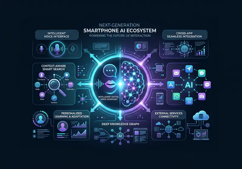 Infographic showing the integration of Google's Gemini AI models into Apple's Siri, highlighting cross-app search and smart digital assistant capabilities.